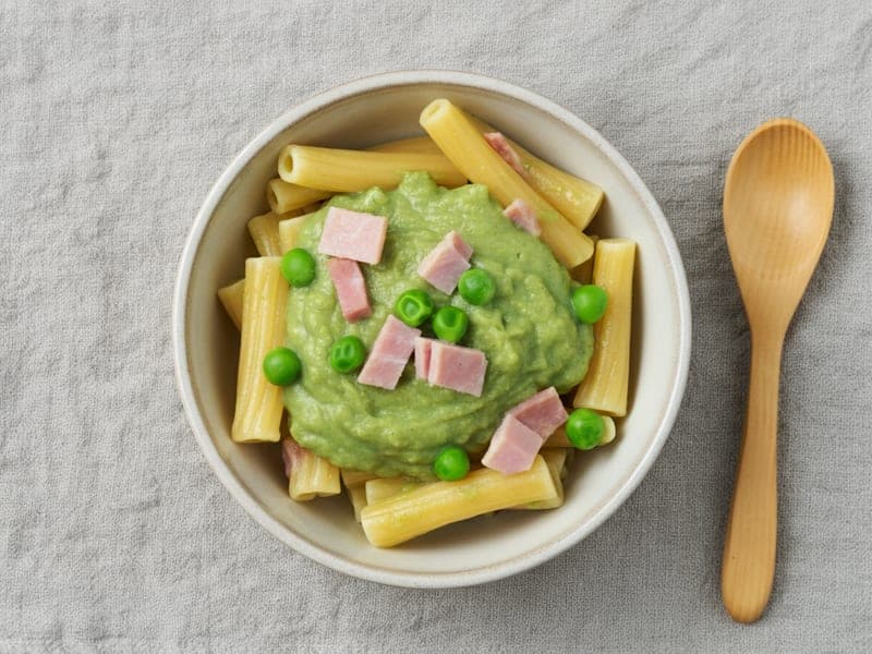 Pasta con crema di piselli e prosciutto cotto — ricetta BLW per bambini 9 mesi
